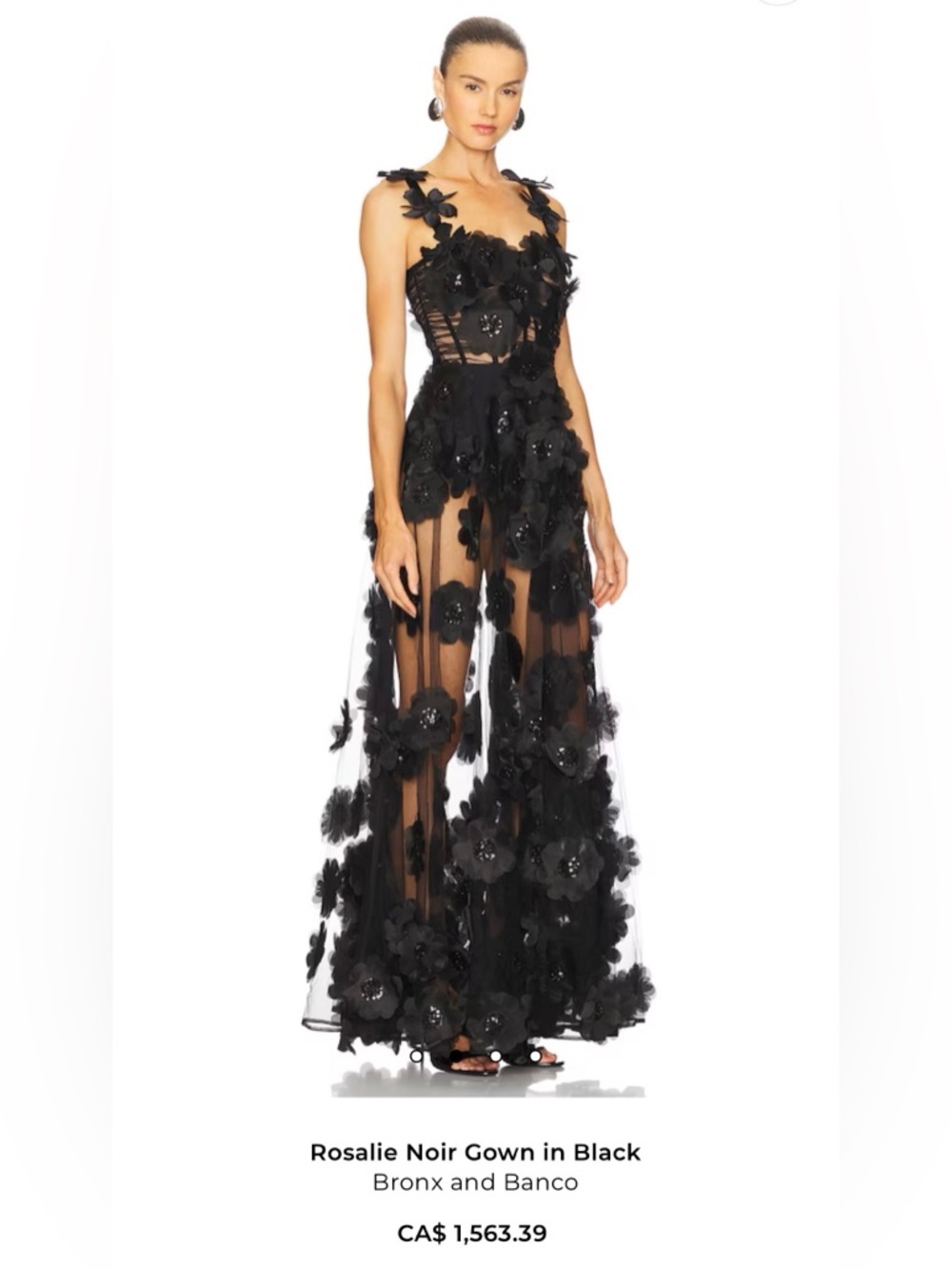 NWT Bronx and Banco Black “Rosalie” Floral Appliqué Maxi Gown